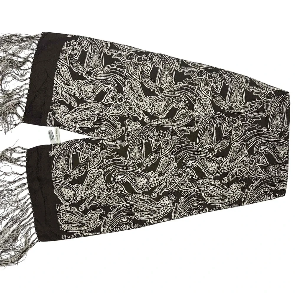 Casual Corner 100%‎ Silk Scarf Brown White With Fringe 54 in Length 10 in Wide